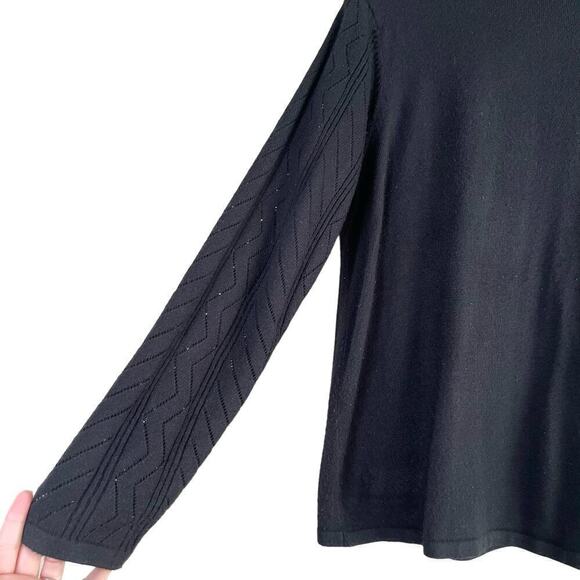 Tanjay Black Crewneck Knit‎ Sweater Perforated Knit Sleeves, Size Medium - Picture 6 of 8